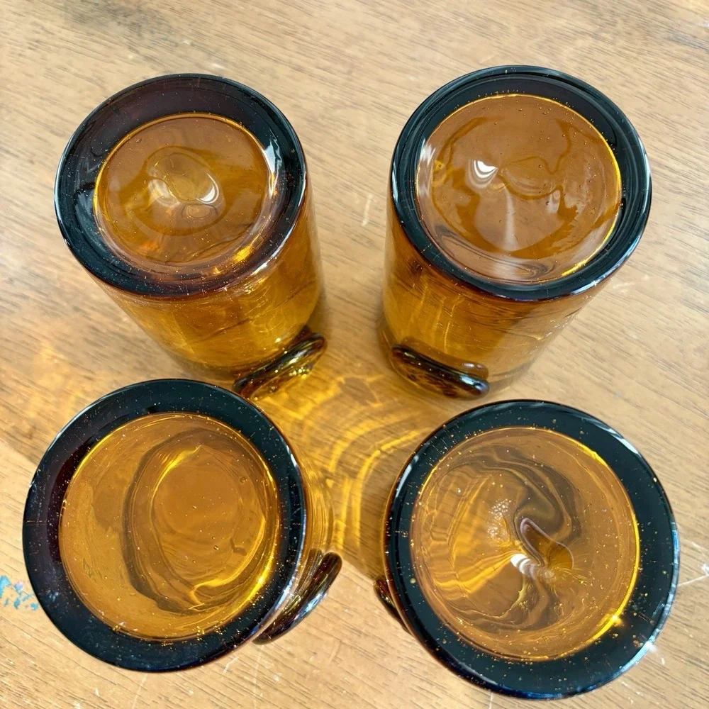 Vintage Pier‎ 1 hand blown amber glass rooster tumbler farmhouse set of 4